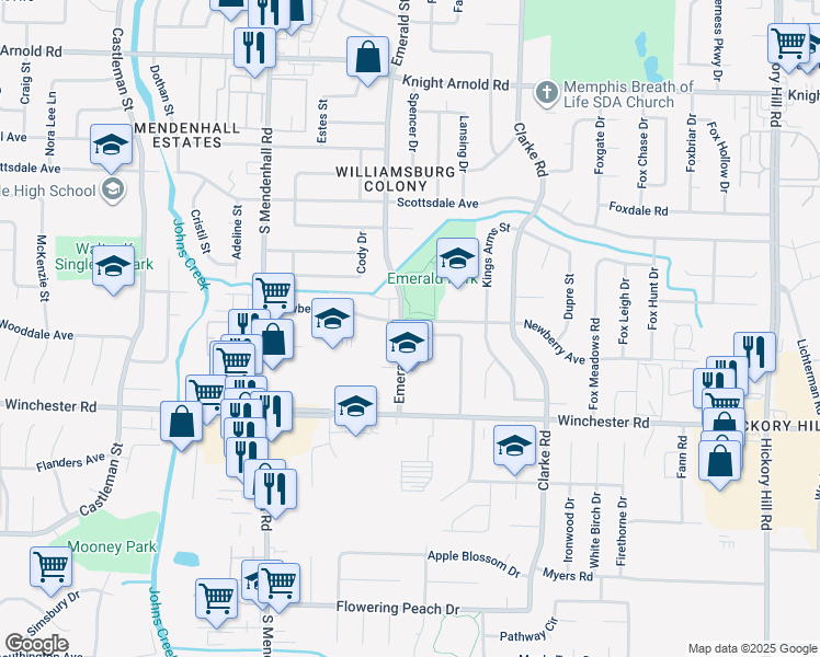 map of restaurants, bars, coffee shops, grocery stores, and more near 5504 Emerald Hills Drive in Memphis