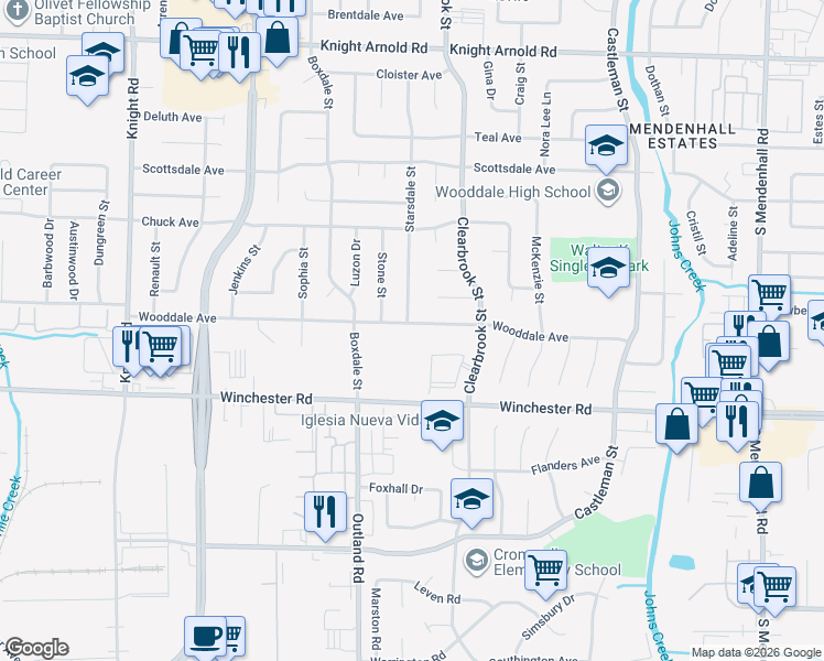 map of restaurants, bars, coffee shops, grocery stores, and more near 3478 Starsdale Street in Memphis