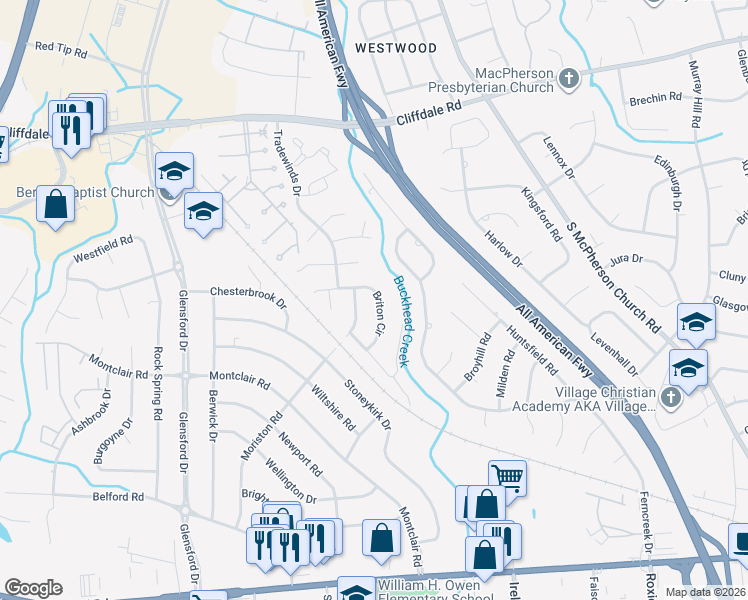 map of restaurants, bars, coffee shops, grocery stores, and more near 4463 Briton Circle in Fayetteville