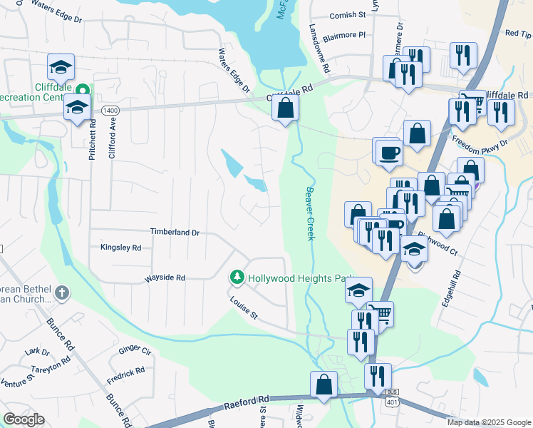 map of restaurants, bars, coffee shops, grocery stores, and more near 656 Brandermill Road in Fayetteville