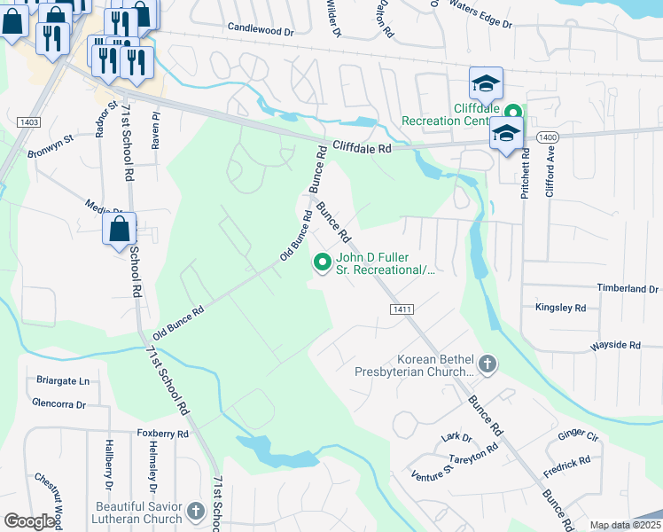 map of restaurants, bars, coffee shops, grocery stores, and more near 3549 Canby Oak Lane in Fayetteville