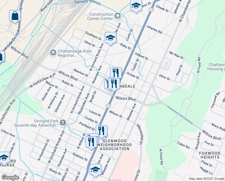 map of restaurants, bars, coffee shops, grocery stores, and more near 2285 Wilcox Boulevard in Chattanooga