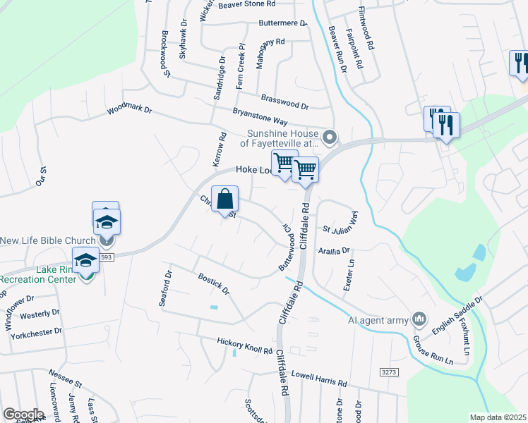 map of restaurants, bars, coffee shops, grocery stores, and more near 1162 Butterwood Circle in Fayetteville