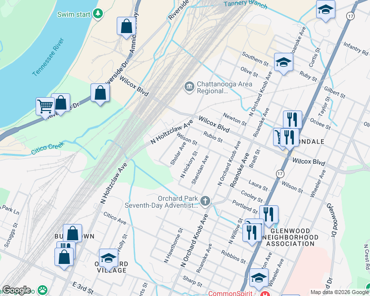 map of restaurants, bars, coffee shops, grocery stores, and more near 1712 Wilson Street in Chattanooga