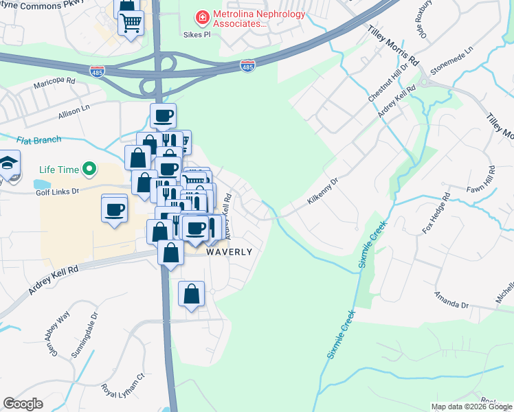 map of restaurants, bars, coffee shops, grocery stores, and more near 15021 Clear Sky Lane in Charlotte