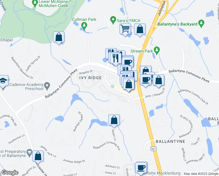 map of restaurants, bars, coffee shops, grocery stores, and more near 14419 San Paolo Lane in Charlotte