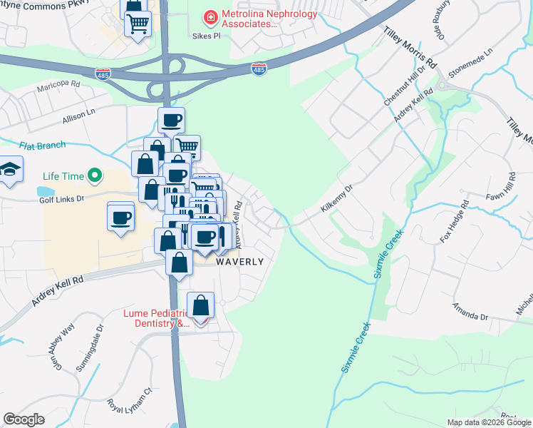map of restaurants, bars, coffee shops, grocery stores, and more near 13002 Butters Way in Charlotte
