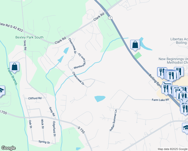 map of restaurants, bars, coffee shops, grocery stores, and more near 335 Benford Drive in Boiling Springs