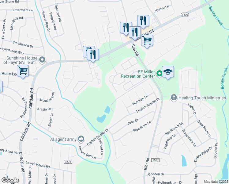 map of restaurants, bars, coffee shops, grocery stores, and more near 8420-8510 Olted Road in Fayetteville