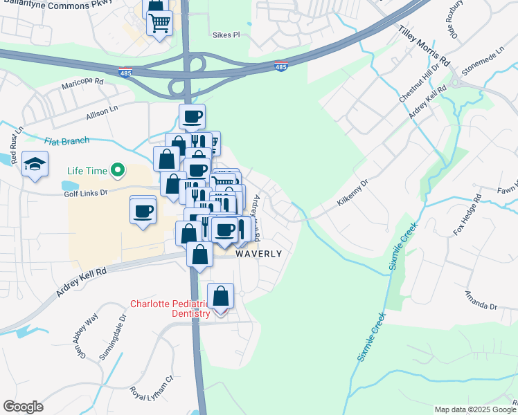 map of restaurants, bars, coffee shops, grocery stores, and more near 5823 Ardrey Kell Road in Charlotte