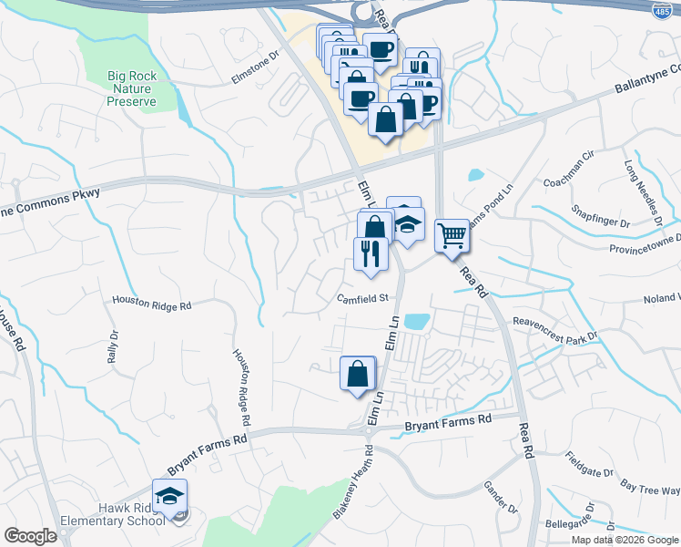 map of restaurants, bars, coffee shops, grocery stores, and more near 8218 Southgate Commons Drive in Charlotte