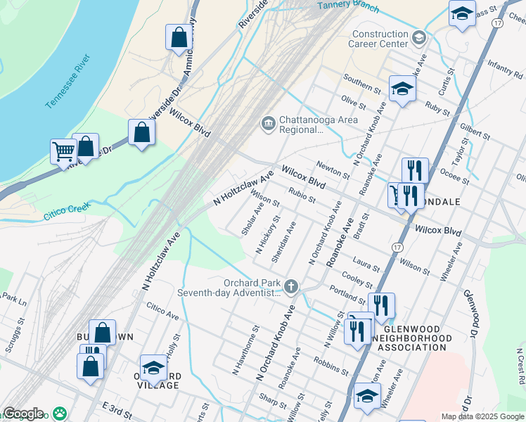 map of restaurants, bars, coffee shops, grocery stores, and more near 1712 Wilson Street in Chattanooga