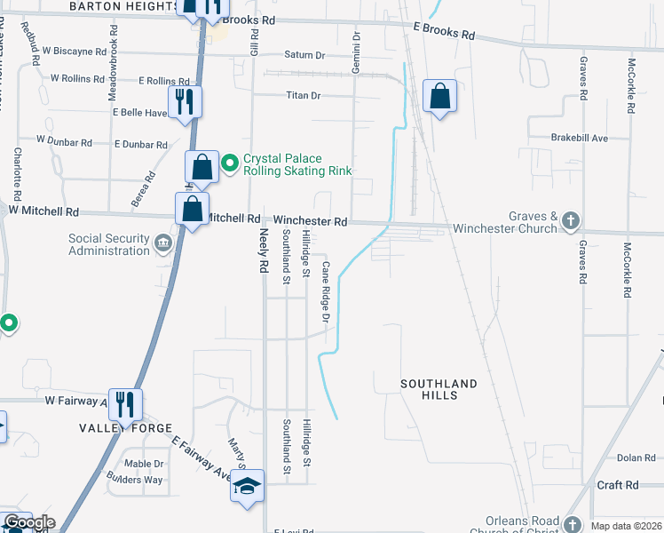 map of restaurants, bars, coffee shops, grocery stores, and more near 3482 Cane Ridge Drive in Memphis