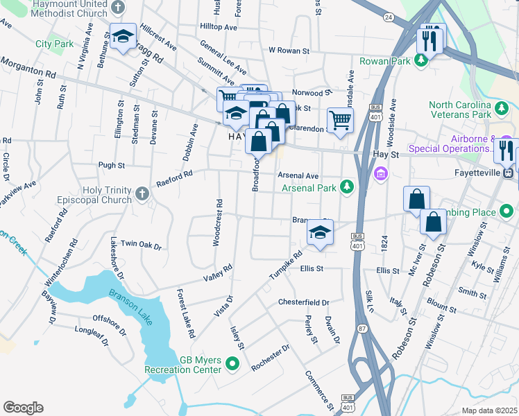 map of restaurants, bars, coffee shops, grocery stores, and more near 313 Broadfoot Avenue in Fayetteville