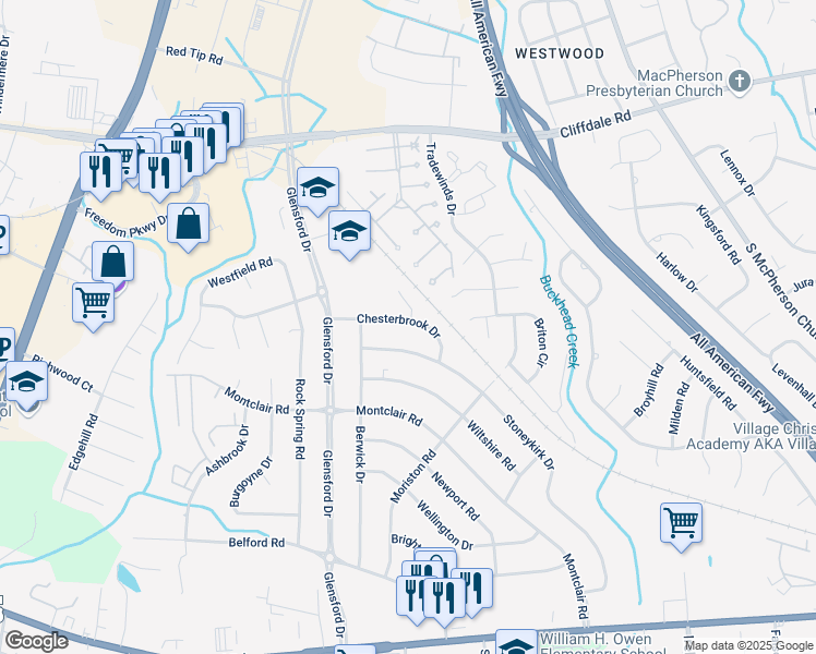 map of restaurants, bars, coffee shops, grocery stores, and more near 4425 Chesterbrook Drive in Fayetteville