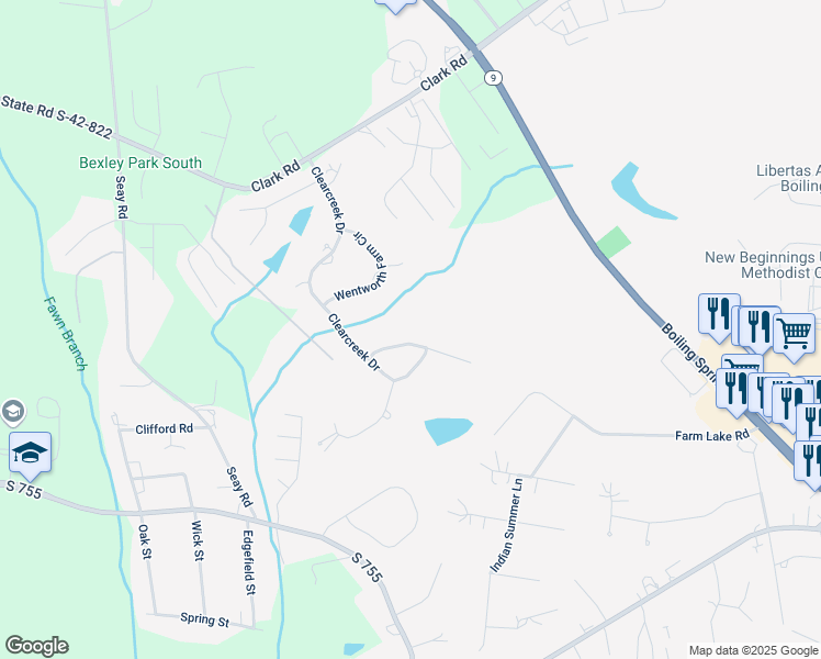 map of restaurants, bars, coffee shops, grocery stores, and more near 335 Benford Drive in Boiling Springs