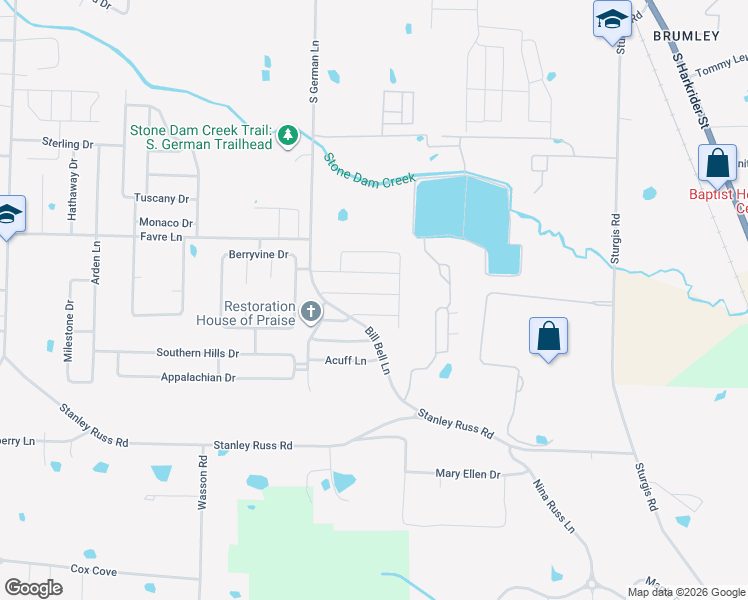 map of restaurants, bars, coffee shops, grocery stores, and more near Bill Bell Lane in Conway