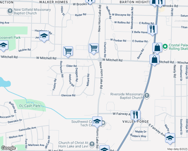 map of restaurants, bars, coffee shops, grocery stores, and more near 3493 West Horn Lake Road in Memphis