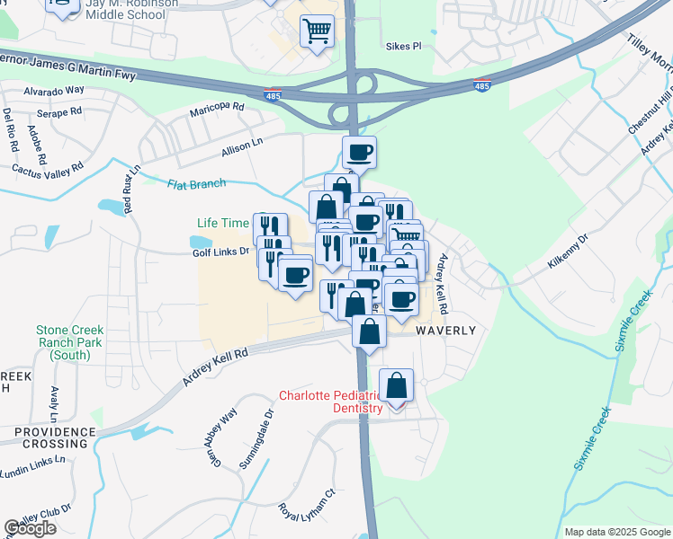 map of restaurants, bars, coffee shops, grocery stores, and more near 11508 Providence Road in Charlotte