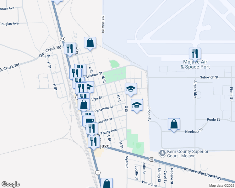 map of restaurants, bars, coffee shops, grocery stores, and more near 15873 N Street in Mojave
