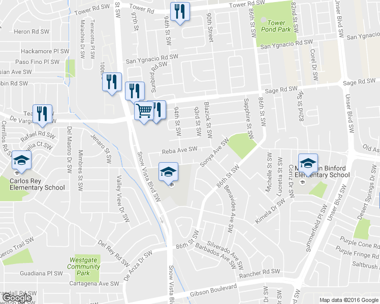 map of restaurants, bars, coffee shops, grocery stores, and more near 9304 Reba Ave SW in Albuquerque