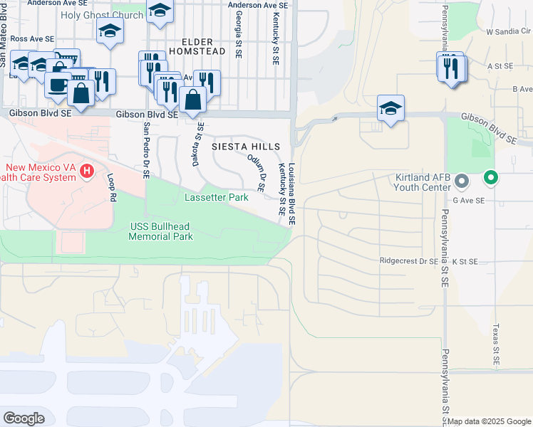 map of restaurants, bars, coffee shops, grocery stores, and more near 2821 Ridgecrest Drive Southeast in Albuquerque