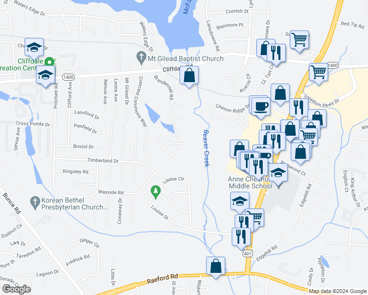 map of restaurants, bars, coffee shops, grocery stores, and more near 649 Brandermill Road in Fayetteville