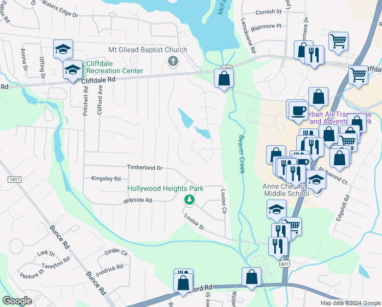 map of restaurants, bars, coffee shops, grocery stores, and more near 3139 Wisteria Lane in Fayetteville