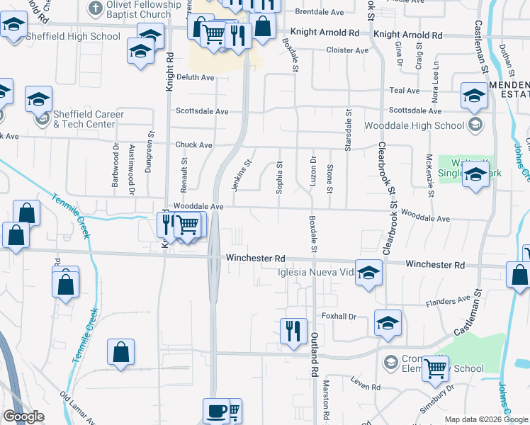 map of restaurants, bars, coffee shops, grocery stores, and more near 4763 Wooddale Avenue in Memphis