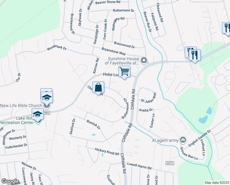 map of restaurants, bars, coffee shops, grocery stores, and more near 1162 Butterwood Circle in Fayetteville