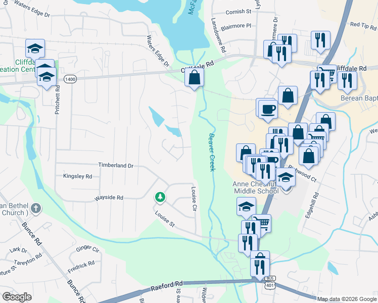 map of restaurants, bars, coffee shops, grocery stores, and more near 649 Brandermill Road in Fayetteville