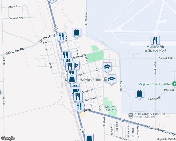 map of restaurants, bars, coffee shops, grocery stores, and more near 2101 Inyo Street in Mojave
