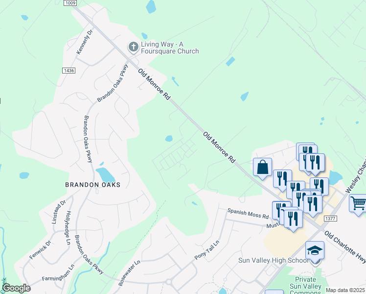 map of restaurants, bars, coffee shops, grocery stores, and more near 5916 Old Monroe Road in Indian Trail