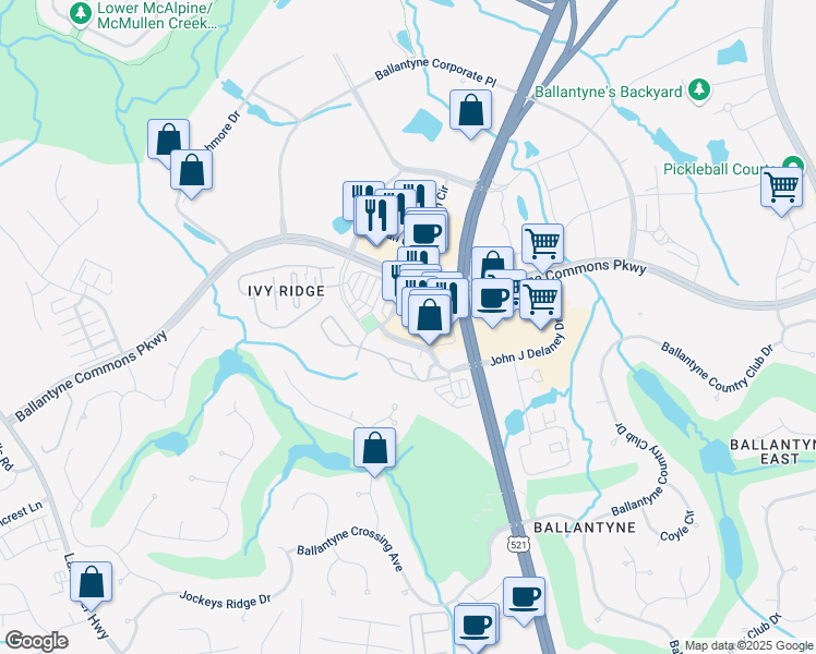 map of restaurants, bars, coffee shops, grocery stores, and more near 14940 Ballantyne Village Way in Charlotte