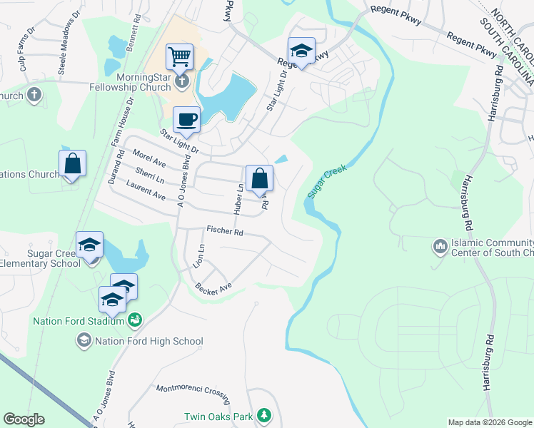 map of restaurants, bars, coffee shops, grocery stores, and more near 7135 Meyer Road in Fort Mill