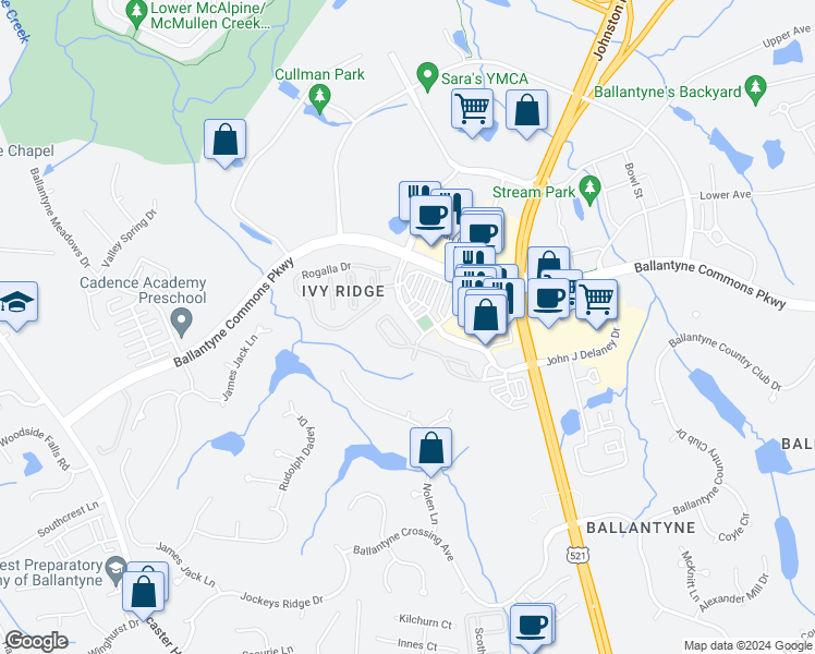 map of restaurants, bars, coffee shops, grocery stores, and more near 14441 San Paolo Lane in Charlotte