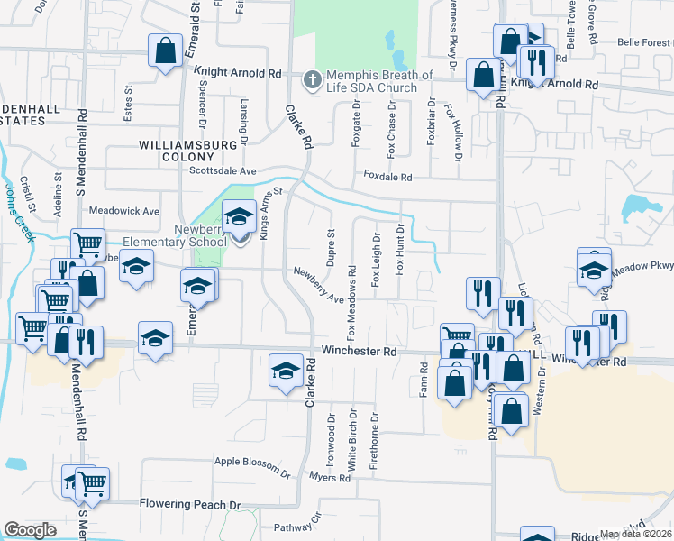 map of restaurants, bars, coffee shops, grocery stores, and more near 3482 Dupre Street in Memphis