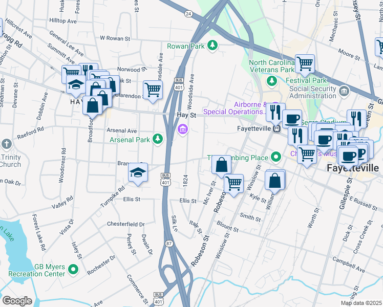 map of restaurants, bars, coffee shops, grocery stores, and more near 219 Bradford Avenue in Fayetteville