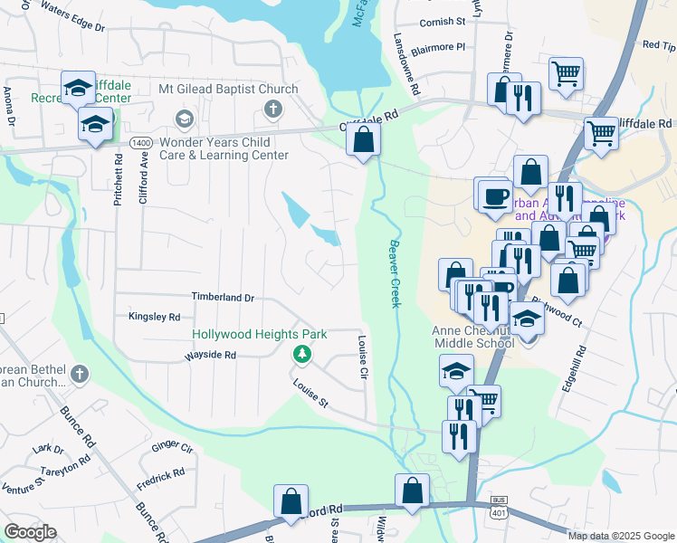 map of restaurants, bars, coffee shops, grocery stores, and more near 656 Brandermill Road in Fayetteville