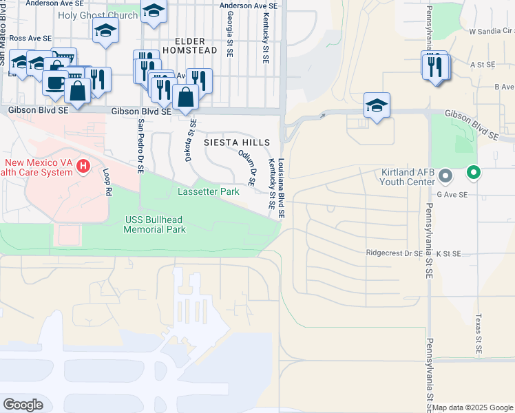 map of restaurants, bars, coffee shops, grocery stores, and more near 2821 Ridgecrest Drive Southeast in Albuquerque