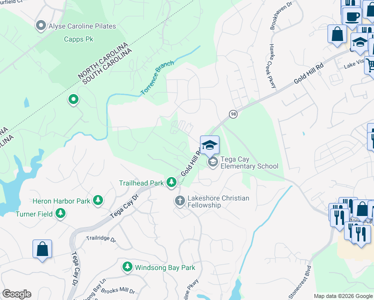 map of restaurants, bars, coffee shops, grocery stores, and more near 2178 Tega Cay Drive in Tega Cay
