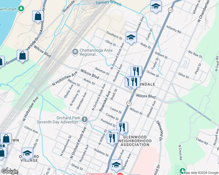 map of restaurants, bars, coffee shops, grocery stores, and more near 1319 Roanoke Avenue in Chattanooga