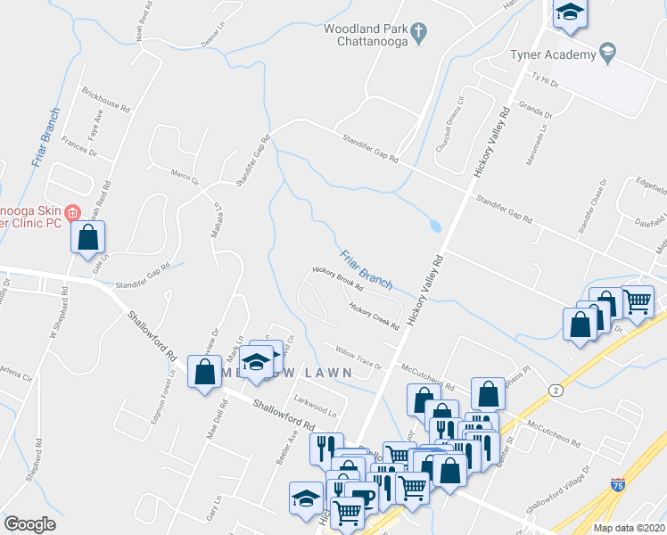 map of restaurants, bars, coffee shops, grocery stores, and more near 6683 Hickory Brook Road in Chattanooga