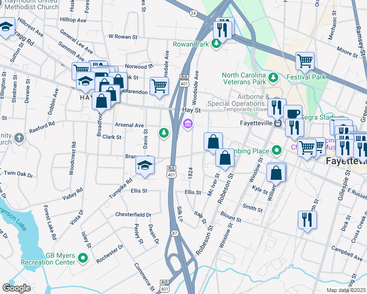 map of restaurants, bars, coffee shops, grocery stores, and more near 219 Bradford Avenue in Fayetteville