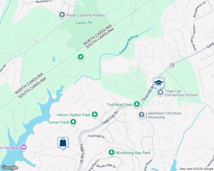 map of restaurants, bars, coffee shops, grocery stores, and more near 160 Amber Woods Drive in Tega Cay