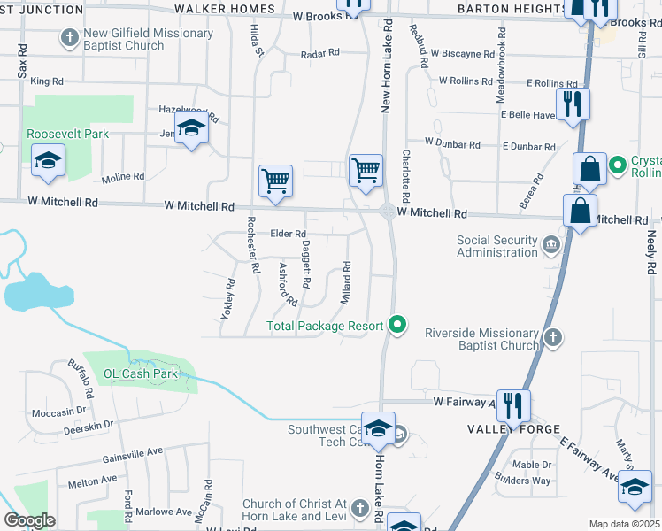 map of restaurants, bars, coffee shops, grocery stores, and more near 3501 Brantley Road in Memphis