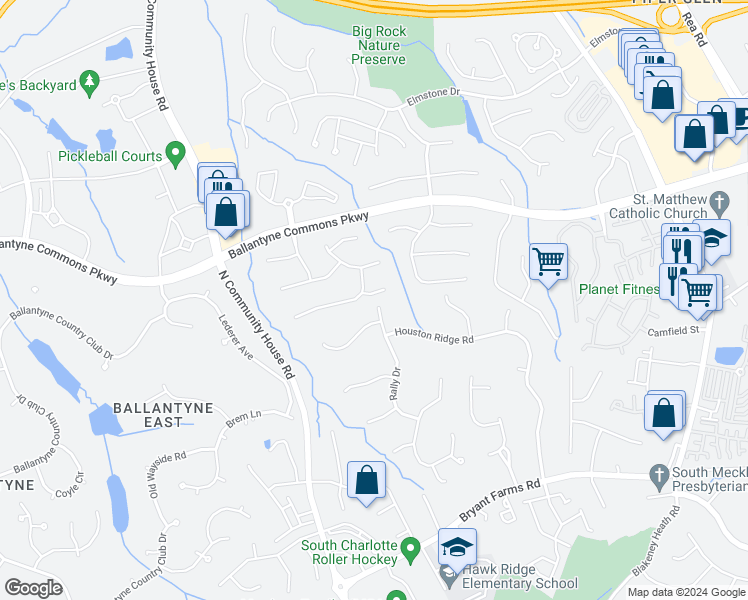 map of restaurants, bars, coffee shops, grocery stores, and more near 7108 Skipton Lane in Charlotte