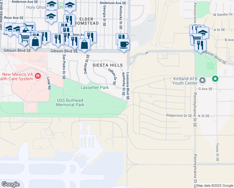 map of restaurants, bars, coffee shops, grocery stores, and more near 2821 Ridgecrest Drive Southeast in Albuquerque