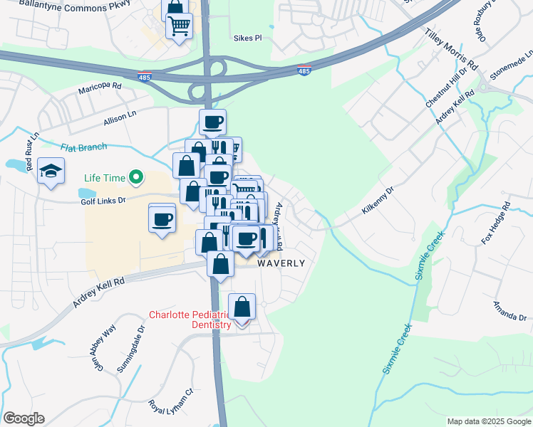map of restaurants, bars, coffee shops, grocery stores, and more near 5823 Ardrey Kell Road in Charlotte