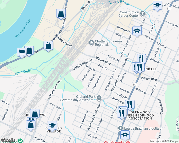 map of restaurants, bars, coffee shops, grocery stores, and more near 1712 Wilson Street in Chattanooga